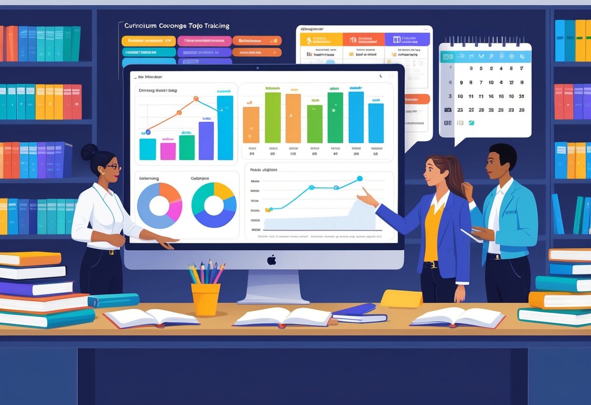 Curriculum Coverage Tracking: Strategies and Tools for Student Progress LearningMole A group of people working together at a desk with a computer screen showing charts and graphs to track curriculum coverage, surrounded by books and notes.