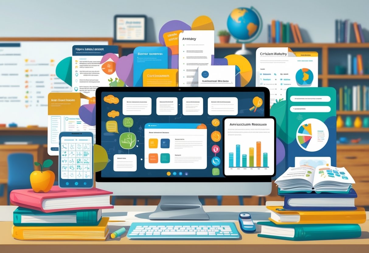 American Curriculum Resources: Comprehensive Guides and Tools LearningMole A classroom scene showing various educational materials like textbooks, tablets, worksheets, charts, a globe, and bookshelves representing American curriculum resources.