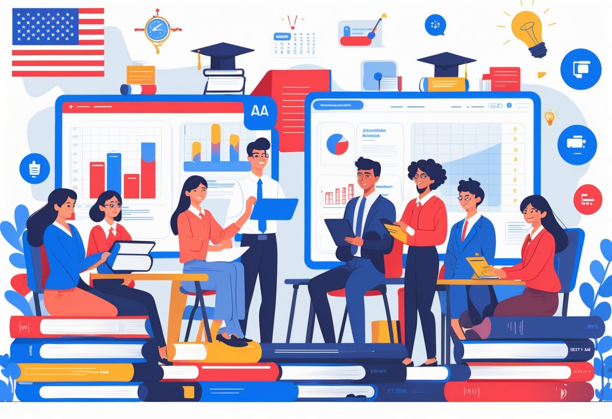 American Curriculum Resources: Comprehensive Guides and Tools LearningMole A group of teachers and students in a classroom using books and digital devices surrounded by educational symbols and elements representing American curriculum resources.