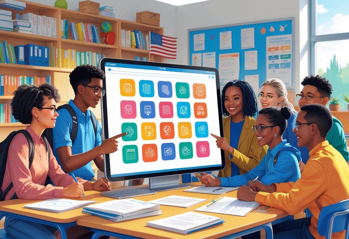 American Curriculum Resources: Comprehensive Guides and Tools LearningMole Students and teachers working together around a digital tablet in a classroom with educational materials and American curriculum elements.