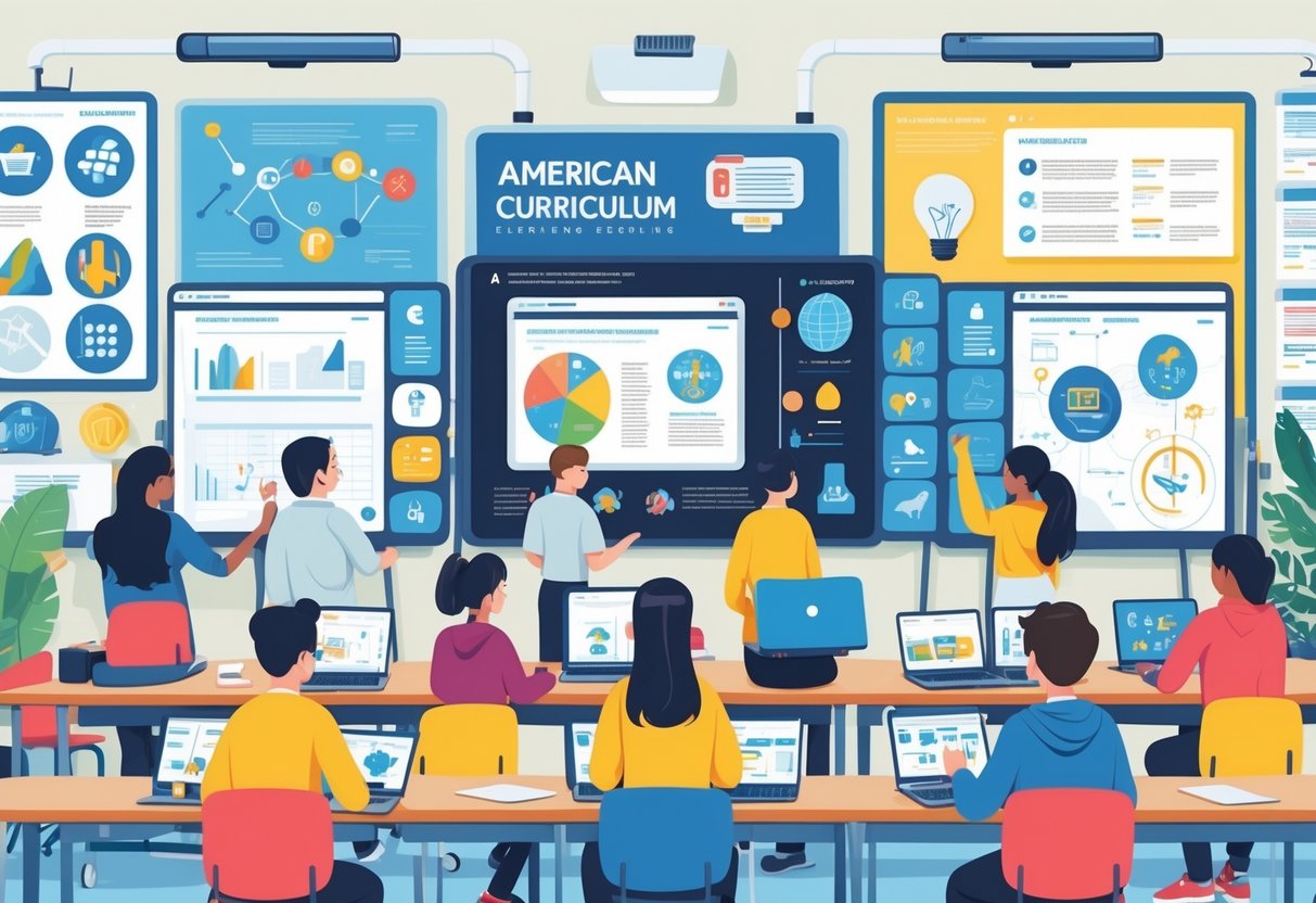 American Curriculum Resources: Comprehensive Guides and Tools LearningMole A group of students using digital devices in a bright classroom, engaging with educational content related to the American curriculum.