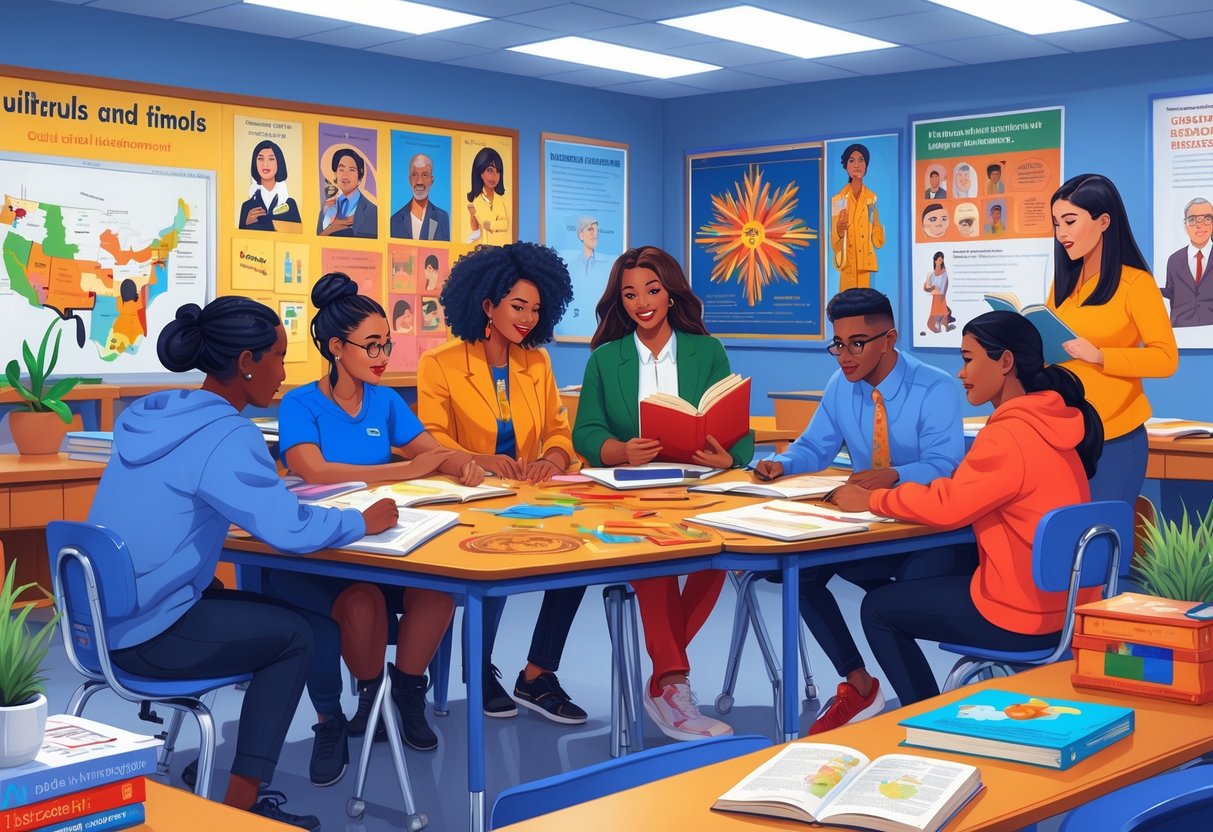 American Curriculum Resources: Comprehensive Guides and Tools LearningMole A diverse group of students and a teacher working together in a classroom filled with multicultural educational materials and cultural artifacts.