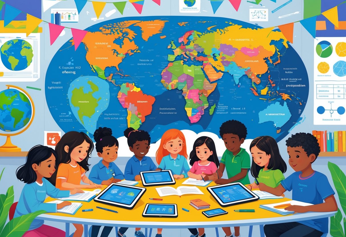 International Curriculum Resources: Essential Guides for Global Learning international curriculum LearningMole A group of diverse children learning together around a world map and digital tablets in a bright classroom with educational symbols and multicultural decorations.