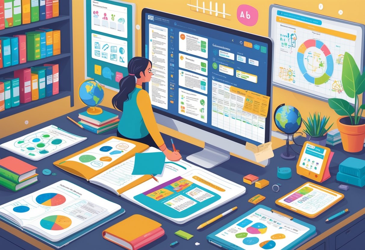 American Curriculum Resources: Comprehensive Guides and Tools LearningMole An educator at a desk surrounded by American curriculum materials, editing and organising resources with a laptop, books, and educational tools nearby.