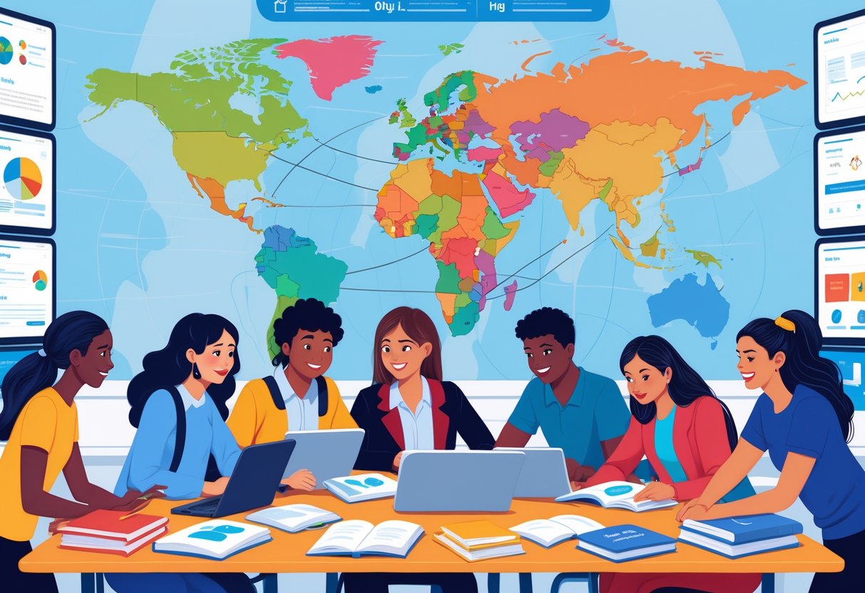 International Curriculum Resources: Essential Guides for Global Learning international curriculum LearningMole A diverse group of students and teachers working together around a table with educational materials, with a world map in the background showing global connections.
