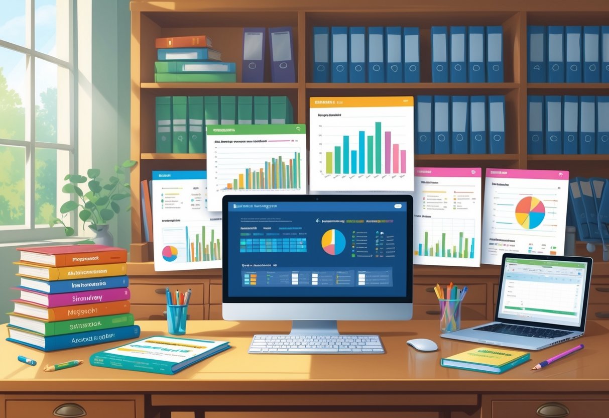 American Curriculum Resources: Comprehensive Guides and Tools LearningMole A tidy desk with educational books, charts, a laptop showing student data, and a bookshelf filled with binders and curriculum guides in a well-lit room.