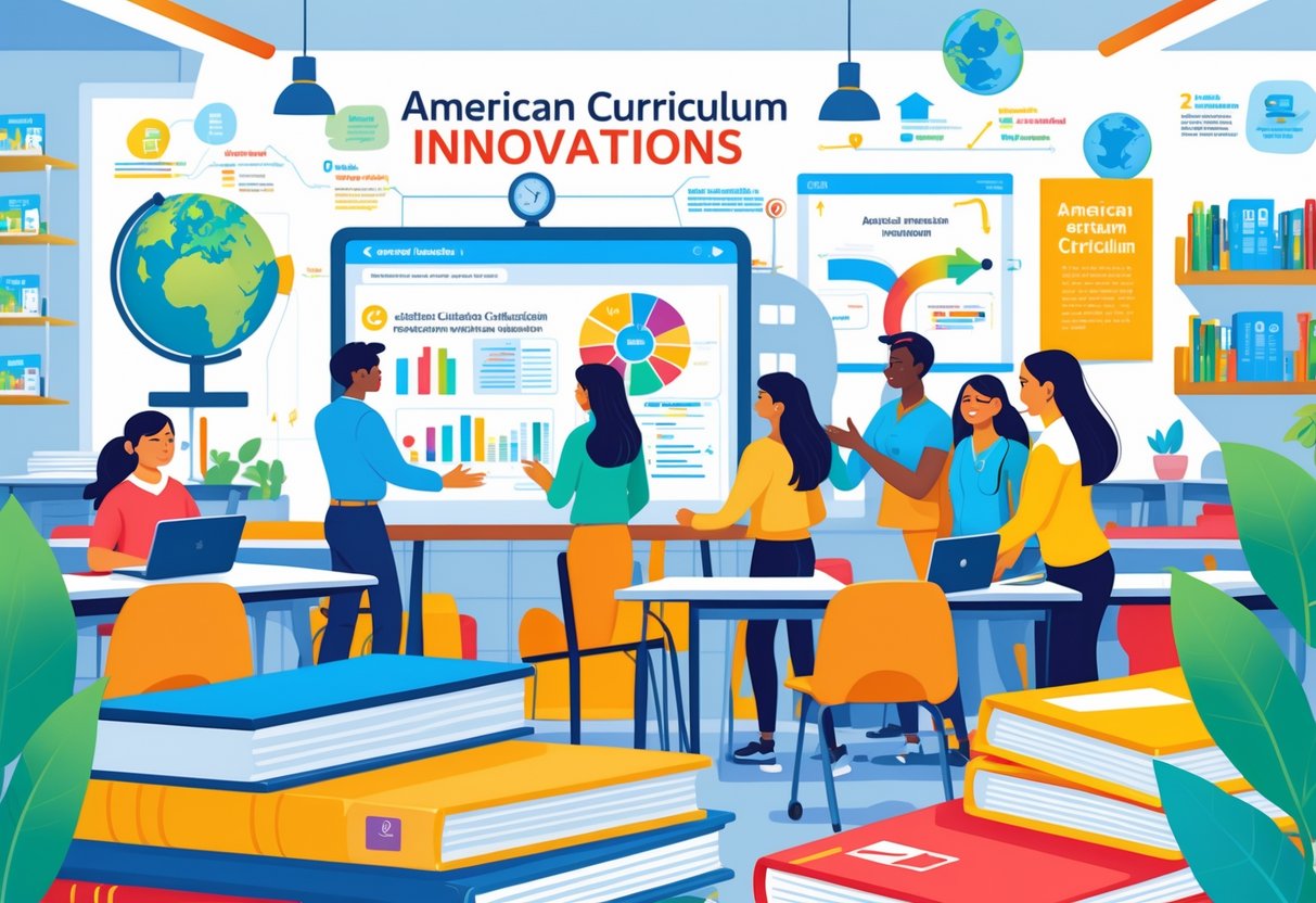 American Curriculum Resources: Comprehensive Guides and Tools LearningMole A classroom with a teacher showing new curriculum materials on a digital board to a group of students and educators surrounded by books and technology.