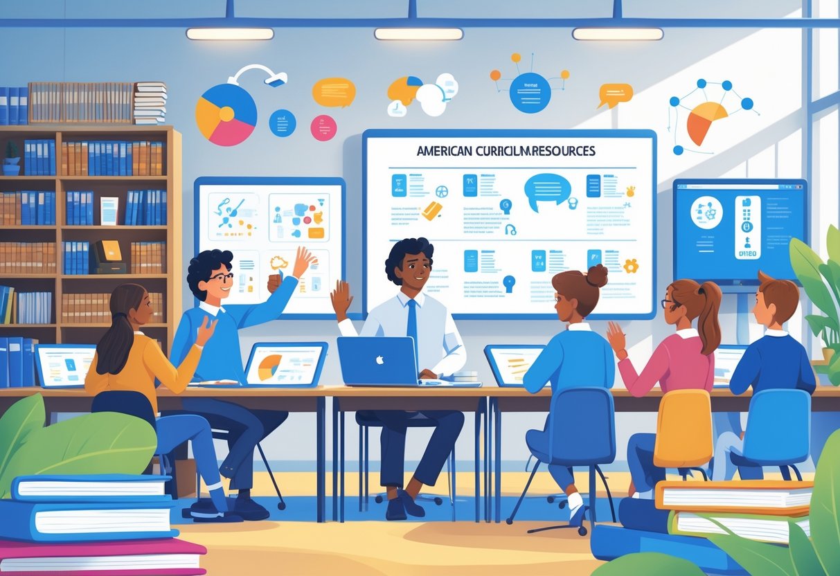 American Curriculum Resources: Comprehensive Guides and Tools LearningMole A classroom scene with a teacher and diverse students using books and digital devices surrounded by educational materials related to American curriculum.