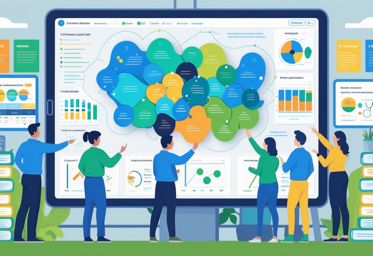 Curriculum Planning Tools: A Guide for Effective School Planning Curriculum planning LearningMole A group of educators working together around a large digital screen displaying a colourful curriculum map with interconnected topics and charts in a modern classroom.