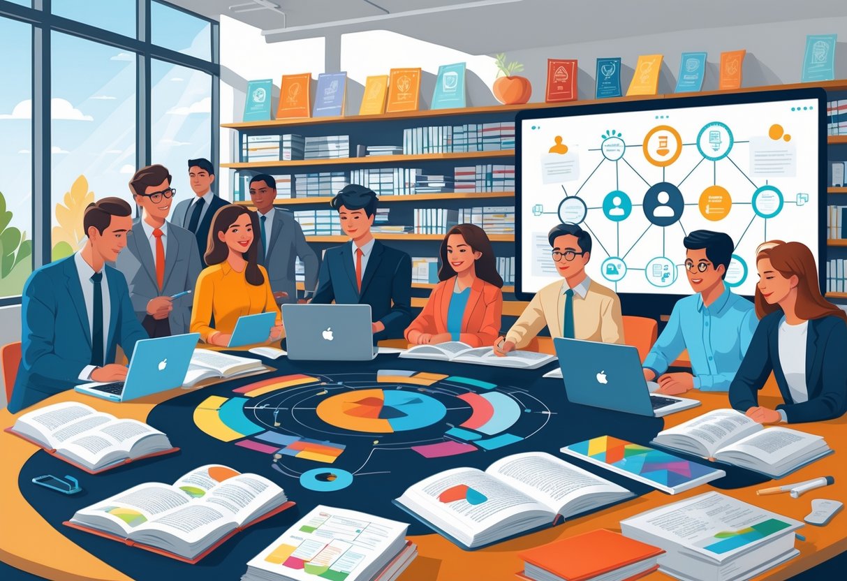 Project Based Learning Resources: Top Tools, Tips, and Guides LearningMole A group of people working together around a table with books, tablets, and charts in a bright room filled with educational materials and a digital screen showing icons of knowledge and teamwork.