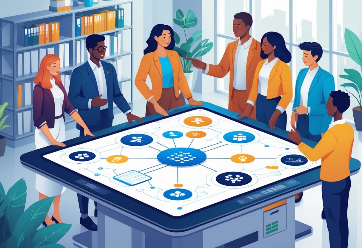 Competency Based Resources: Essential Tools for Effective Learning Competency based resources LearningMole A diverse group of people collaborating around a digital touchscreen table with interconnected icons, in a modern office setting.