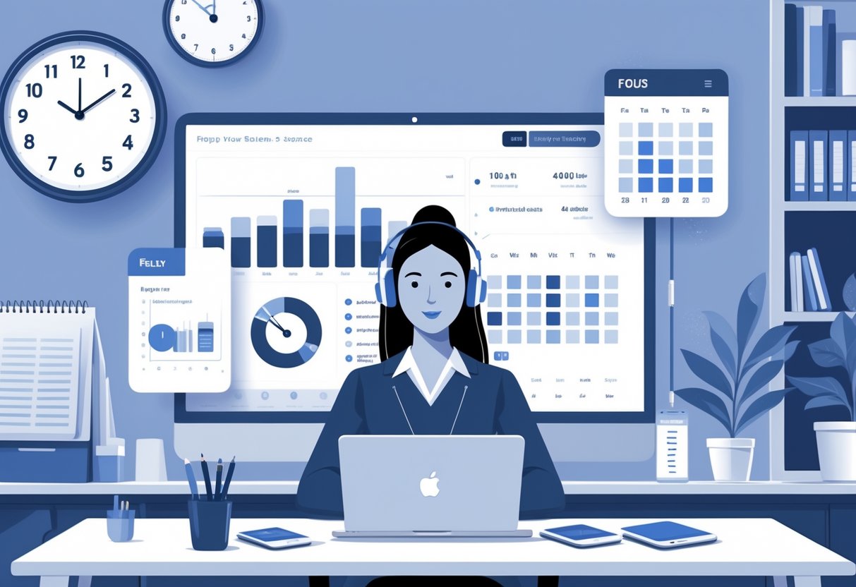 Teacher Productivity Tools: Enhance Efficiency in Your Classroom Productivity tools LearningMole A teacher working at a desk with a laptop, clock, calendar, and headphones, surrounded by books and plants, focusing on productivity tools.