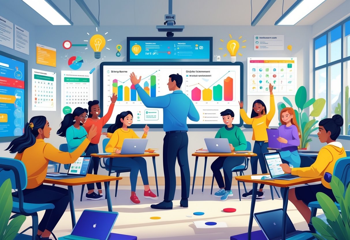 Teacher Productivity Tools: Enhance Efficiency in Your Classroom Productivity tools LearningMole A teacher using a touchscreen smartboard with students actively participating and working together using digital devices in a bright classroom.