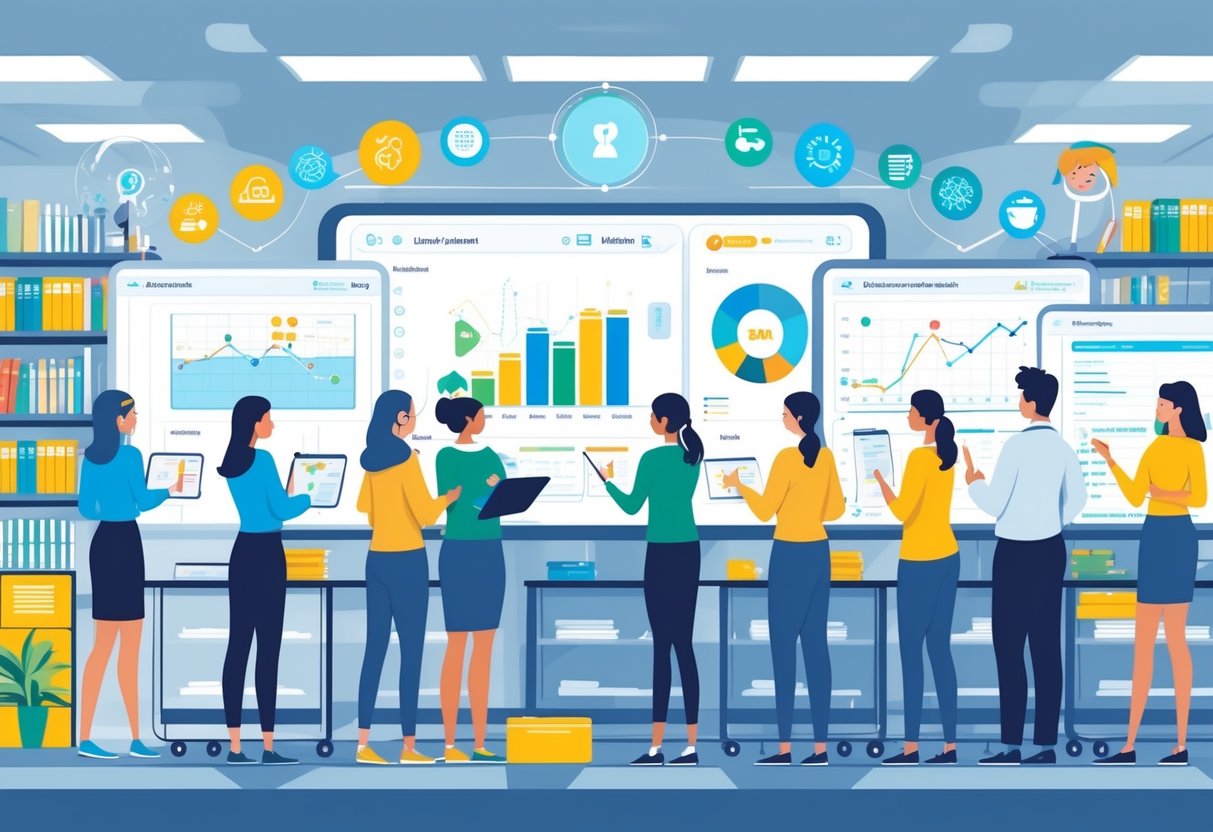 Teacher Productivity Tools: Enhance Efficiency in Your Classroom Productivity tools LearningMole Teachers in a classroom using digital devices and technology tools to improve productivity and manage lessons.