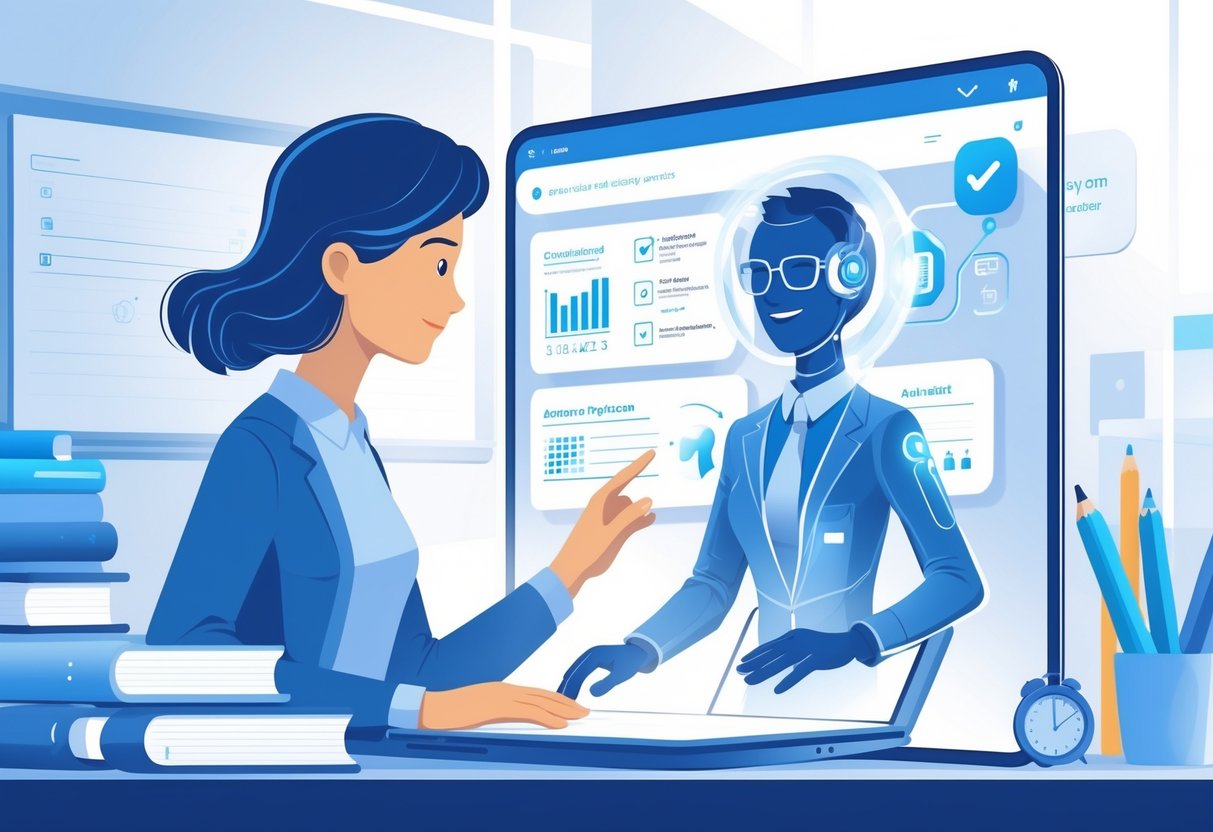 Teacher Productivity Tools: Enhance Efficiency in Your Classroom Productivity tools LearningMole A teacher using a digital virtual assistant displayed on a transparent screen, surrounded by educational materials in a classroom environment.