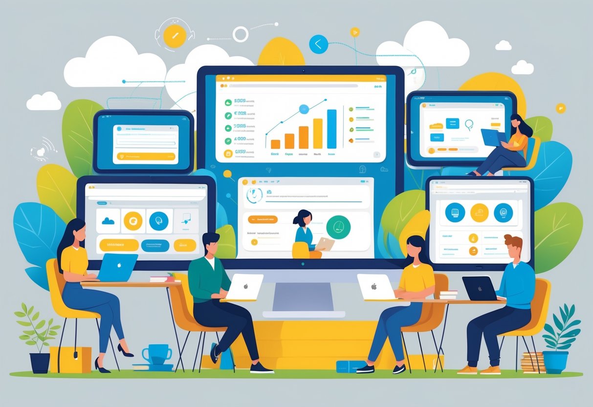 Learning Management Systems: Comprehensive Guide to Features & Platforms learning management LearningMole People using smartphones, tablets, and laptops in different locations like home, a coffee shop, and a park, connected by digital icons representing online learning systems.