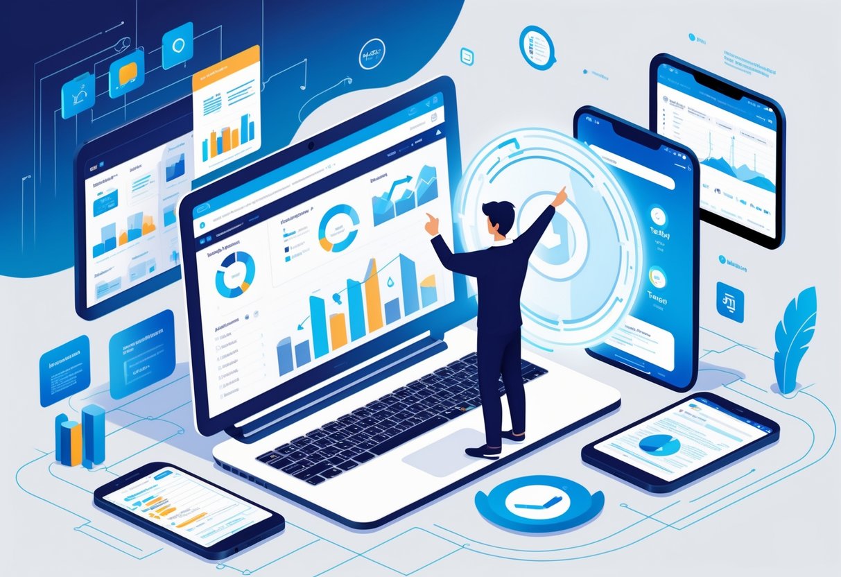 Online Teaching Platforms: The Best Guide for Educators & Learners online teaching LearningMole A teacher interacting with digital devices showing charts, graphs, and student progress reports on an online teaching platform.