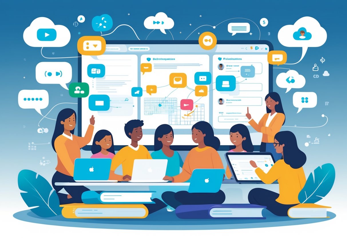 Online Teaching Platforms: The Best Guide for Educators & Learners online teaching LearningMole A group of students and teachers connected through laptops and tablets with icons representing video calls, chat, and file sharing around them.