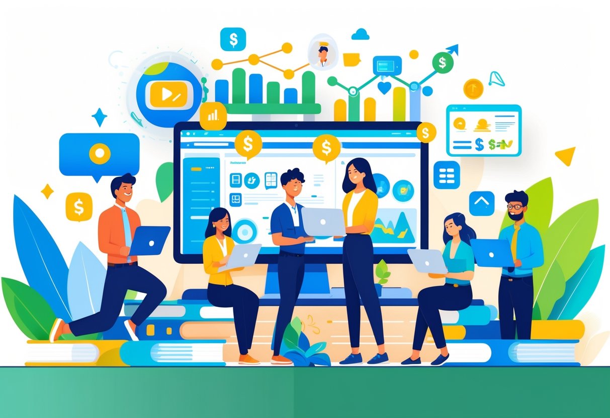 Online Teaching Platforms: The Best Guide for Educators & Learners online teaching LearningMole A group of diverse educators using digital devices with icons of online lessons, payment symbols, and growth charts around them in a modern workspace.