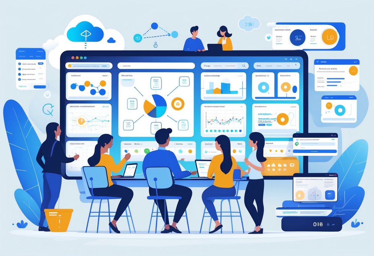 Online Teaching Platforms: The Best Guide for Educators & Learners online teaching LearningMole A group of students and teachers interacting through laptops and tablets with virtual whiteboards and video calls, surrounded by digital icons representing online learning tools.