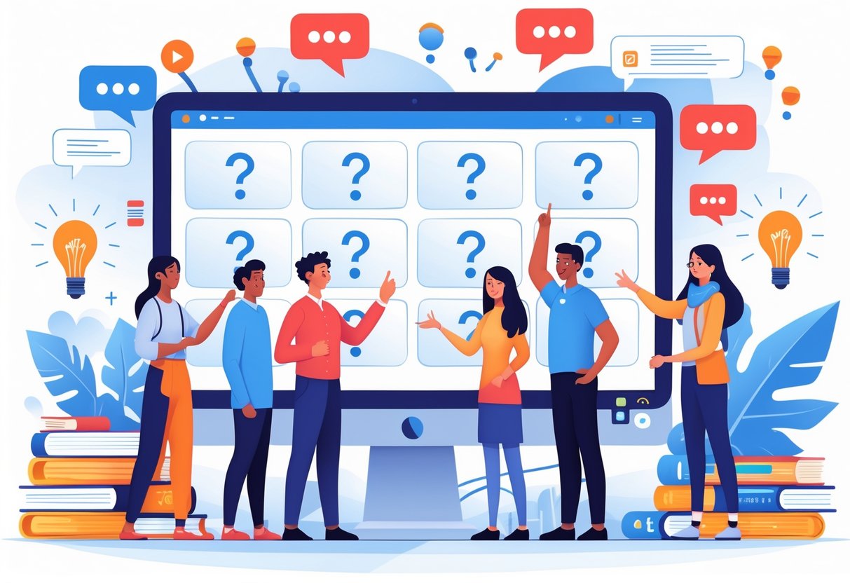 Online Teaching Platforms: The Best Guide for Educators & Learners online teaching LearningMole A group of people around a large computer screen showing question marks and chat bubbles, representing an online teaching platform FAQ session.