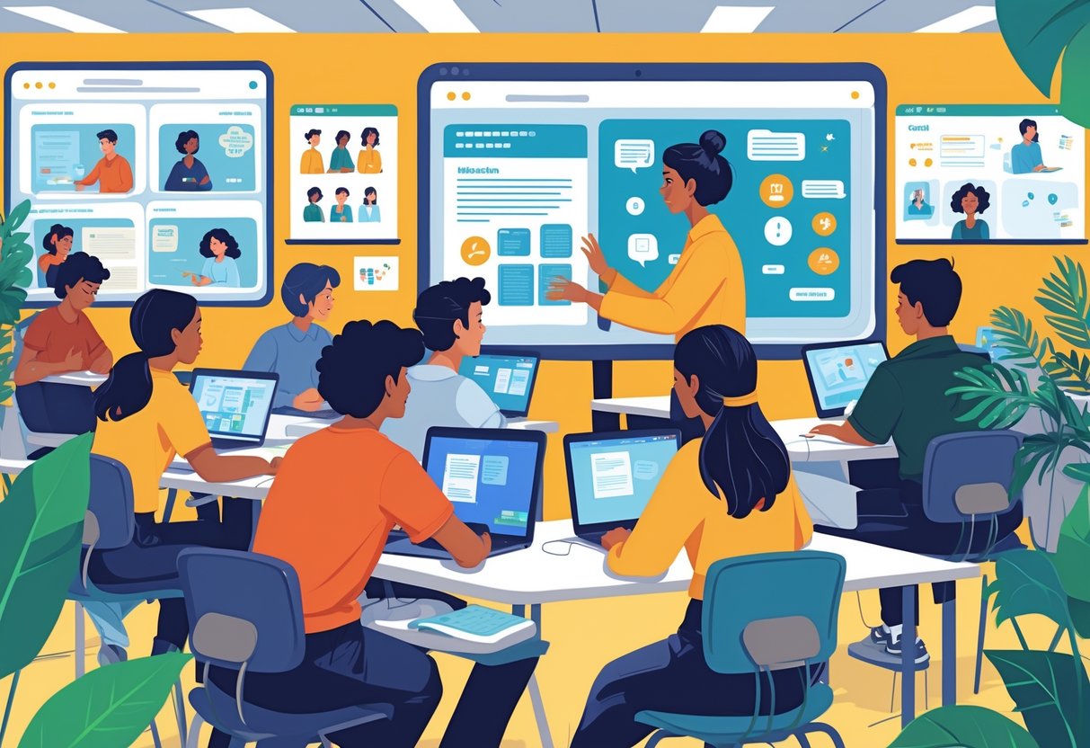 Hybrid Learning Resources: Strategies, Tools, and Best Practices hybrid learning LearningMole A group of students learning both in a classroom and remotely through video calls, interacting with a teacher using a digital screen.