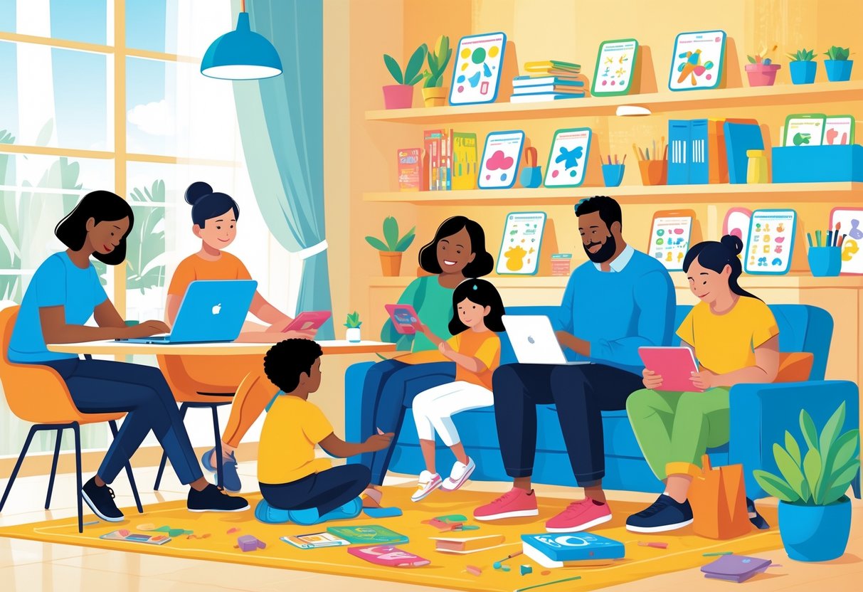Hybrid Learning Resources: Strategies, Tools, and Best Practices hybrid learning LearningMole A diverse group of parents and caregivers helping children learn together using books, tablets, and a laptop in a bright living room.