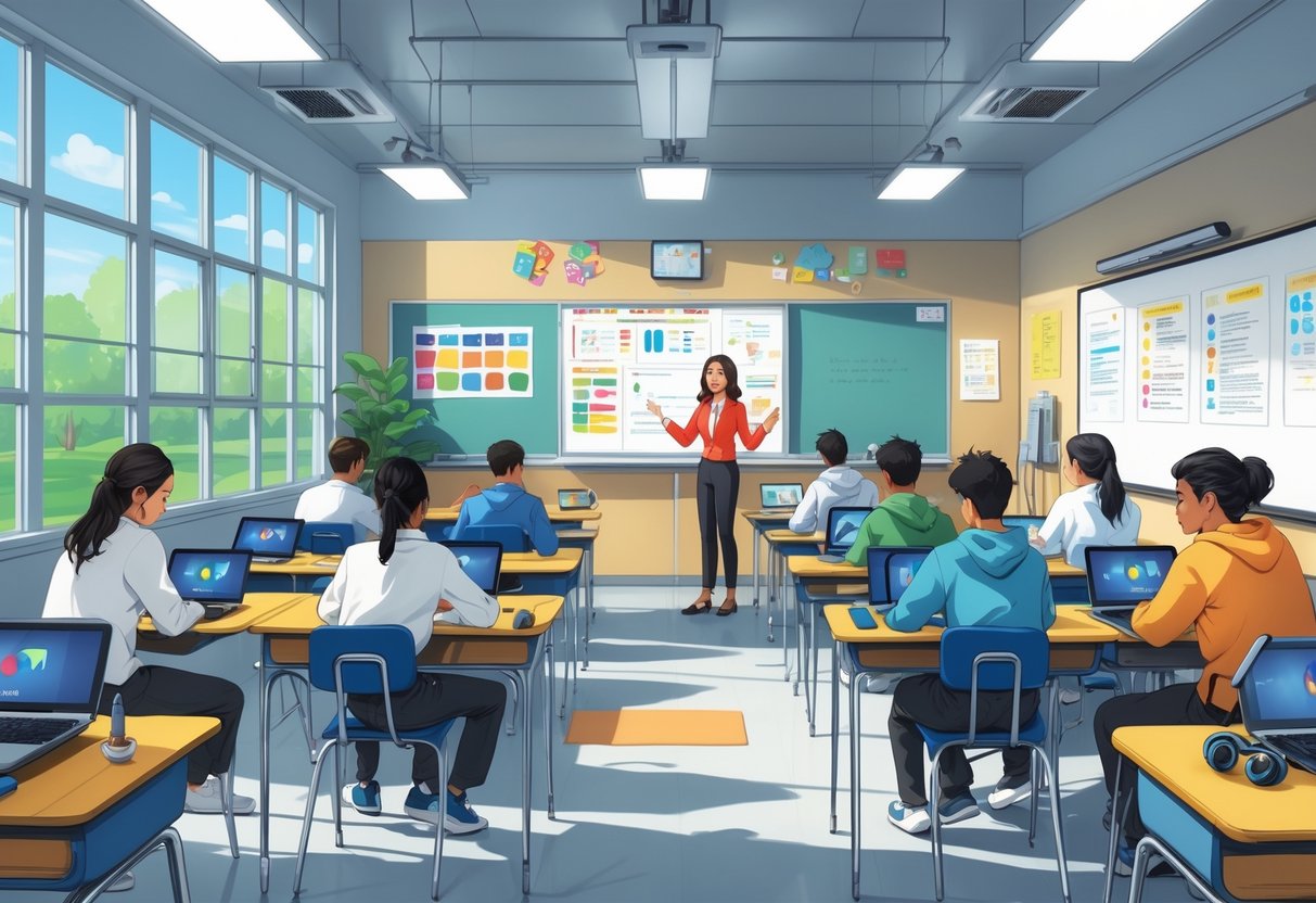 Chromebook Activities: Creative Ways to Learn and Engage LearningMole A classroom with students using Chromebooks at their desks while a teacher stands near a smartboard guiding them.