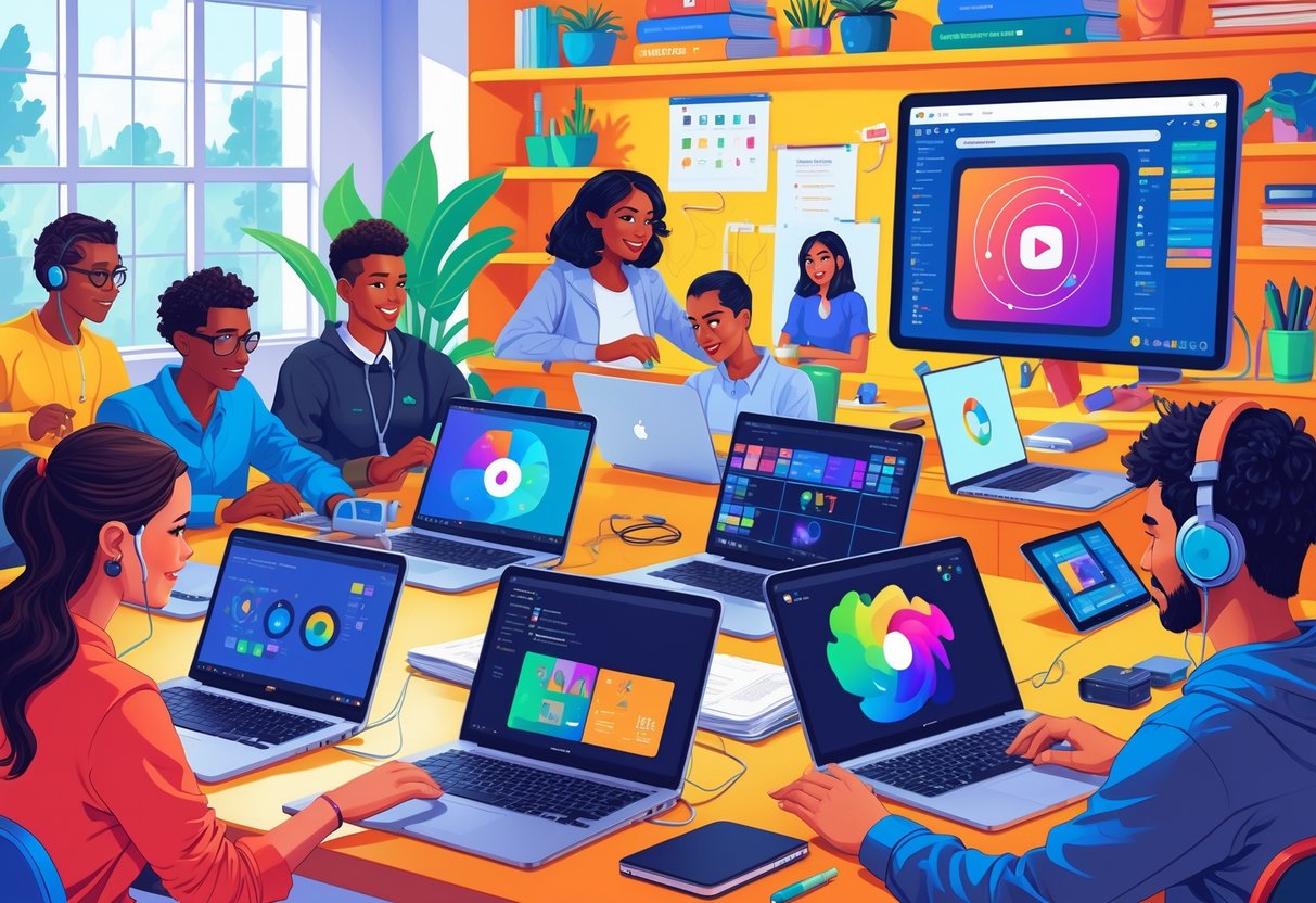 Chromebook Activities: Creative Ways to Learn and Engage LearningMole People working on Chromebooks in a bright room, engaged in creative activities like drawing, coding, and video editing.