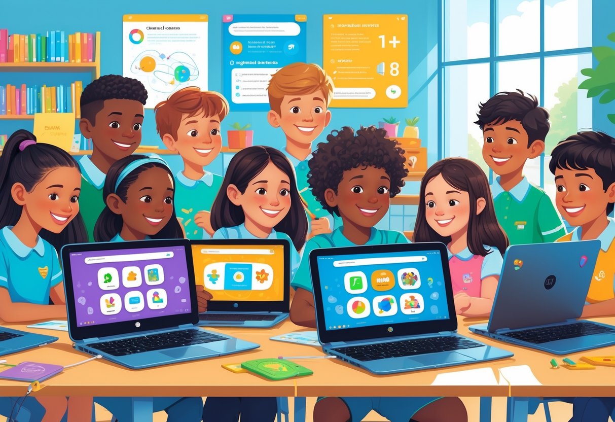 Chromebook Activities: Creative Ways to Learn and Engage LearningMole Children and teenagers using Chromebooks in a classroom, engaging with colourful educational web applications.