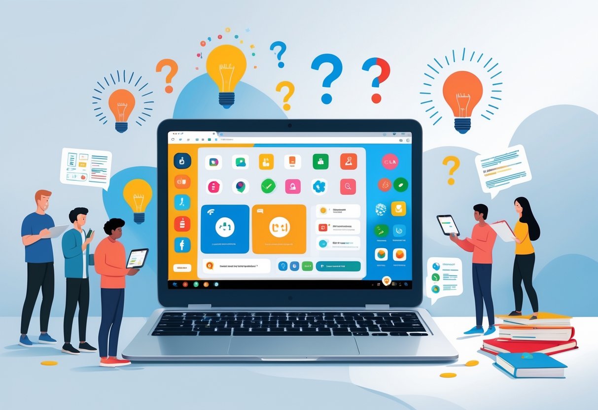 Chromebook Activities: Creative Ways to Learn and Engage LearningMole A group of people using a Chromebook on a desk surrounded by symbols of questions and learning in a bright, organised workspace.