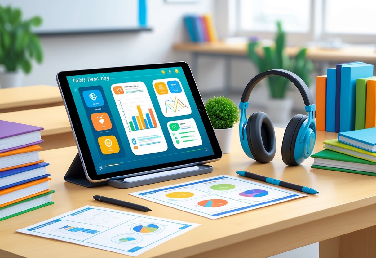 Tablet Teaching Resources: Essential Tools and Best Practices LearningMole A tablet on a desk surrounded by educational materials including worksheets, books, headphones, and a stylus in a bright study space.