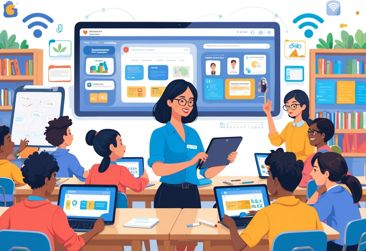 Tablet Teaching Resources: Essential Tools and Best Practices LearningMole A teacher using a tablet to teach a group of attentive students in a bright classroom with digital devices and educational materials.