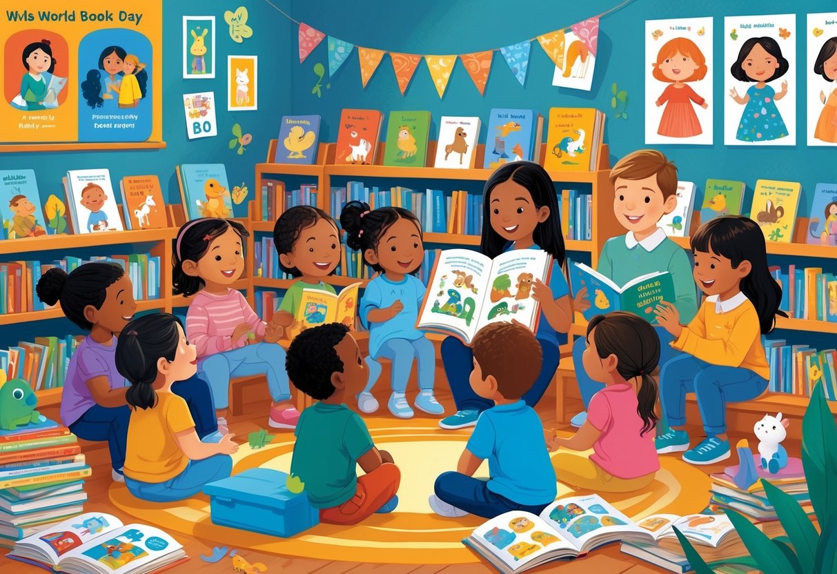 Young children sitting around an educator who is reading a storybook in a colourful classroom filled with books and decorations.