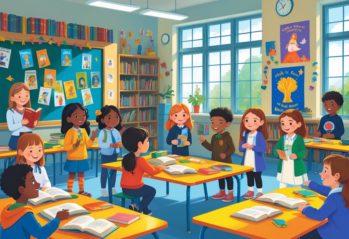 Primary school children and teachers engaged in World Book Day activities, with children reading, dressed in book character costumes, and doing crafts in a decorated classroom.