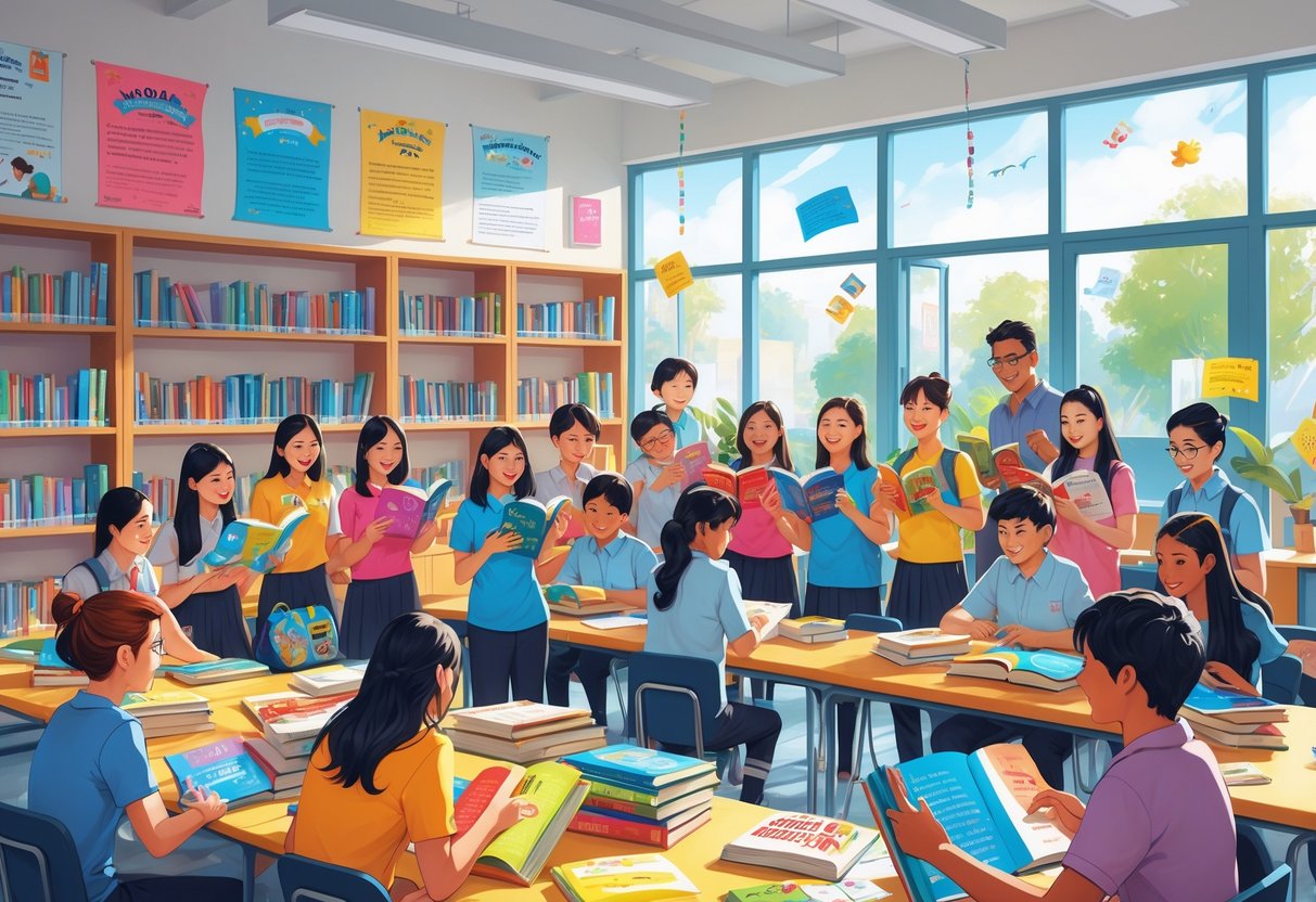 A group of secondary school students and teachers in a classroom sharing and reading books, with bookshelves and decorations related to literature around them.