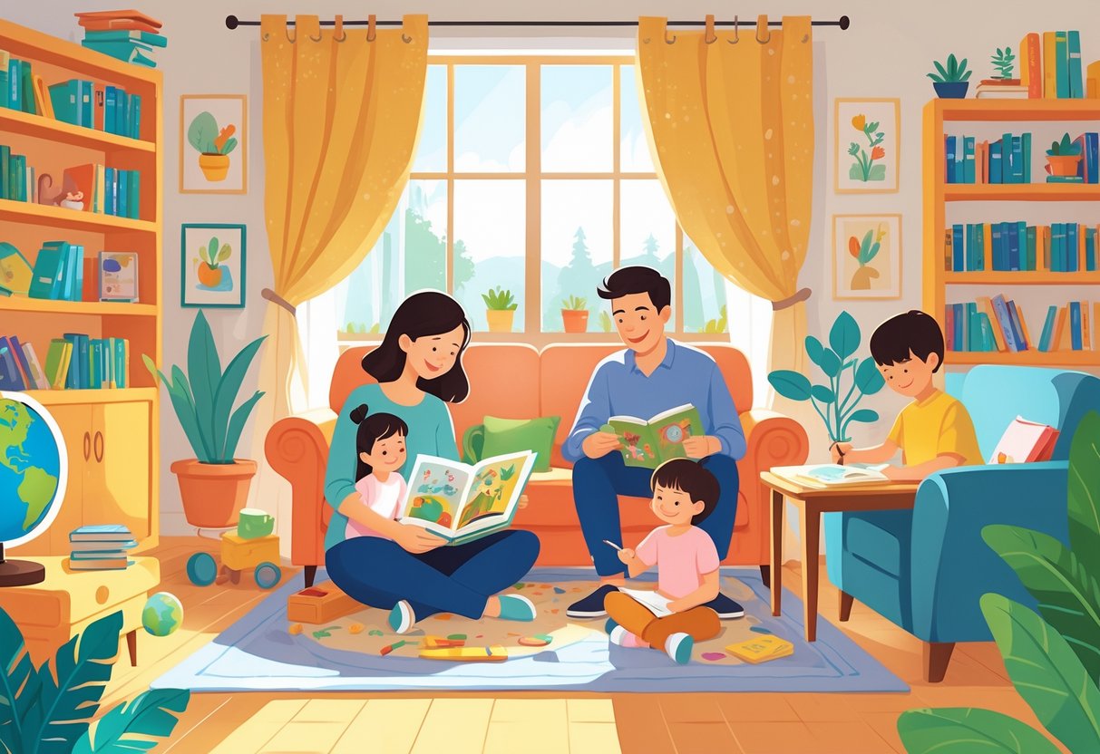 A family at home reading and learning together in a bright, comfortable living room.