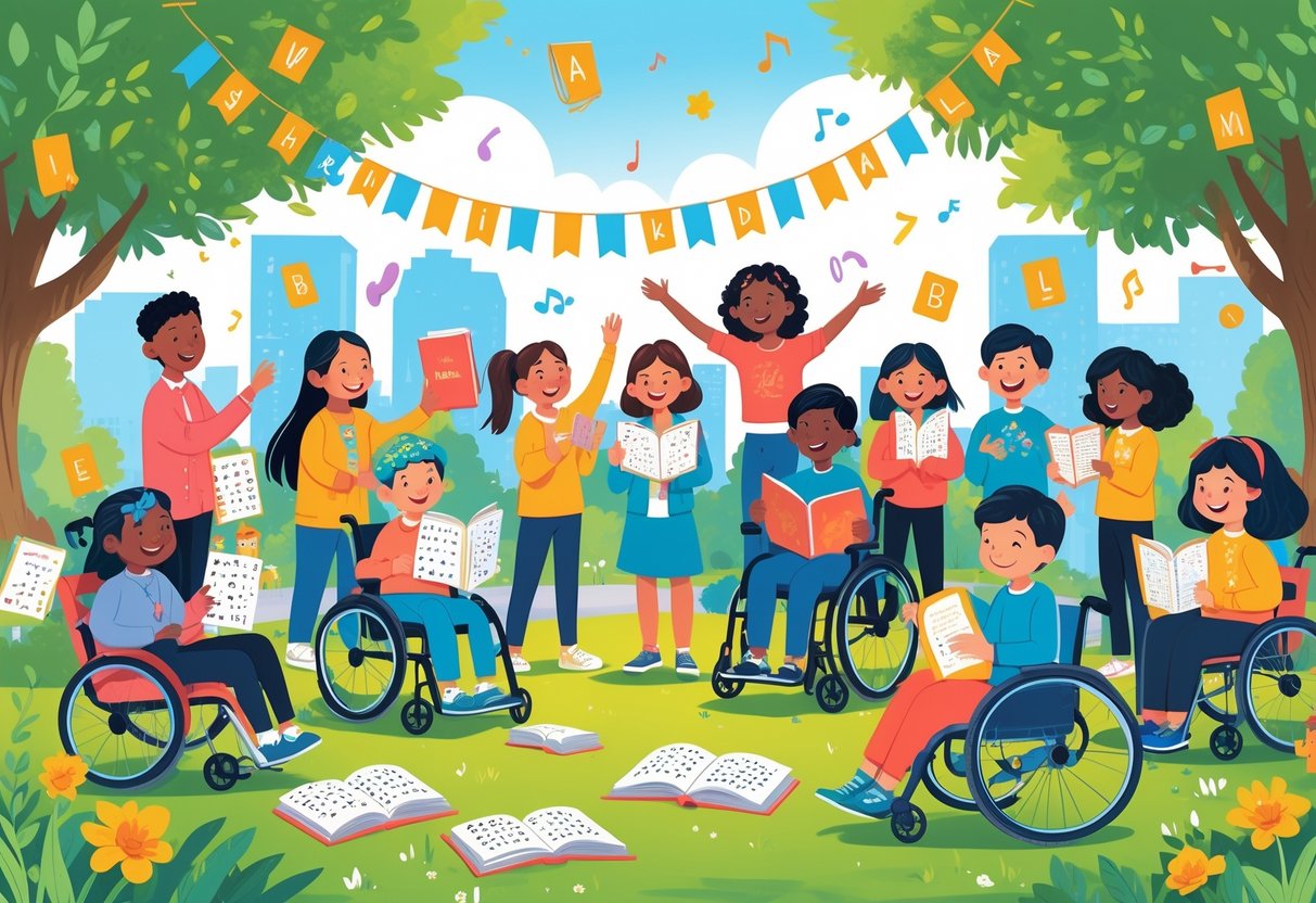 A diverse group of people of different ages and abilities enjoying reading books together outdoors in a park, showing inclusion and access for all.