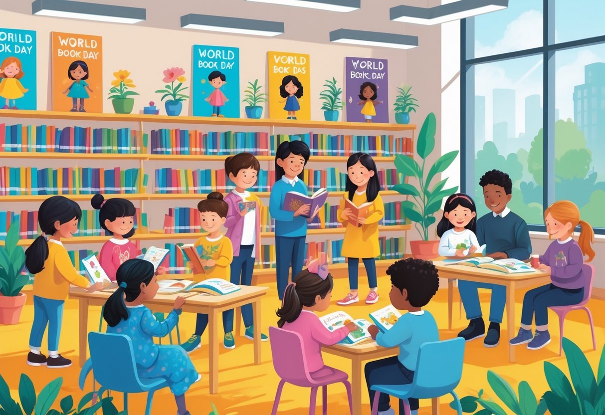 Children and adults reading and sharing stories together in a bright library decorated for a book celebration.