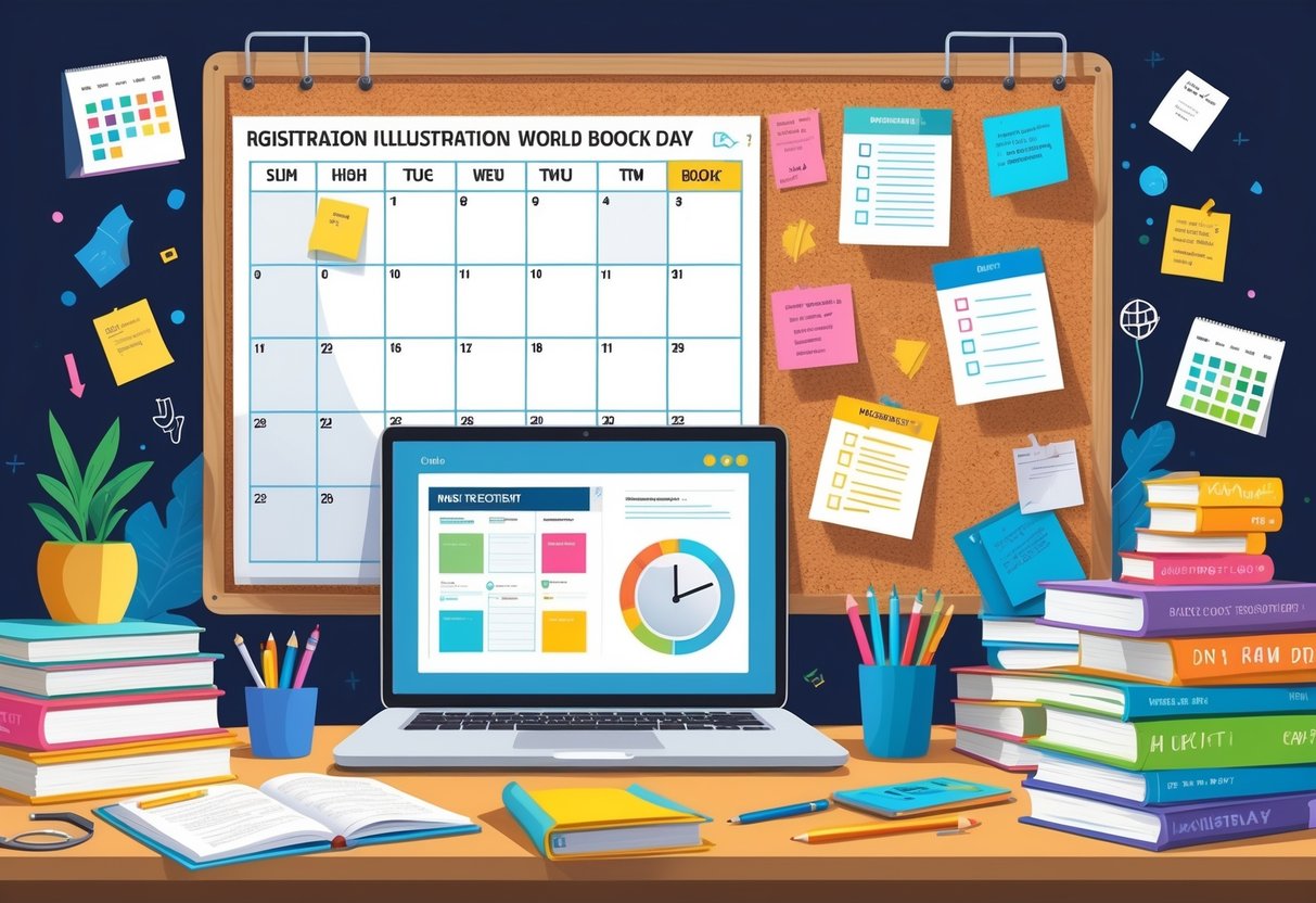 A workspace with a calendar, sticky notes, an open laptop, and stacks of books arranged for planning and organising World Book Day activities.
