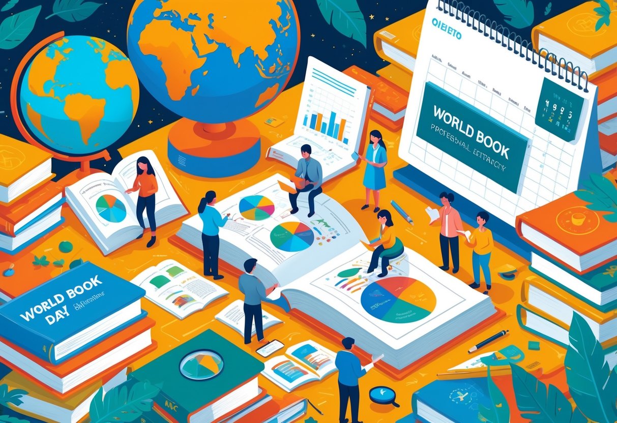 People studying and discussing books and research materials about World Book Day around a table with a globe and calendar in the background.