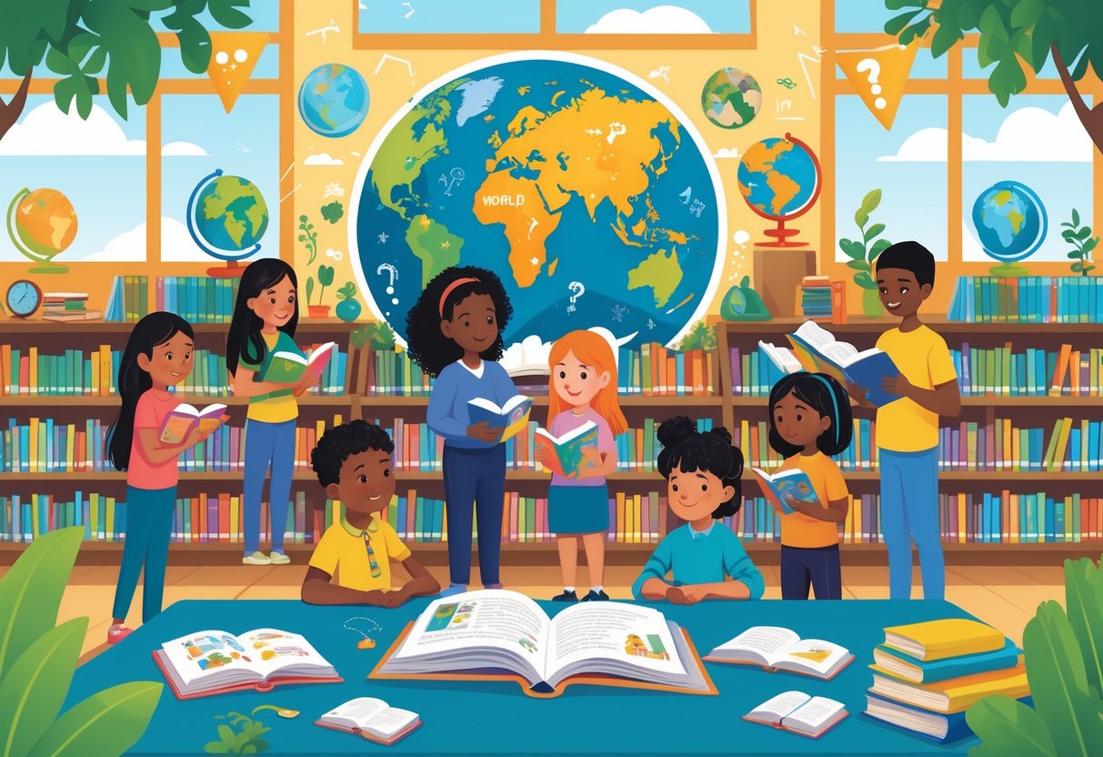 A group of children and adults in a bright library setting surrounded by books, globes, and maps, engaging in reading and sharing books.