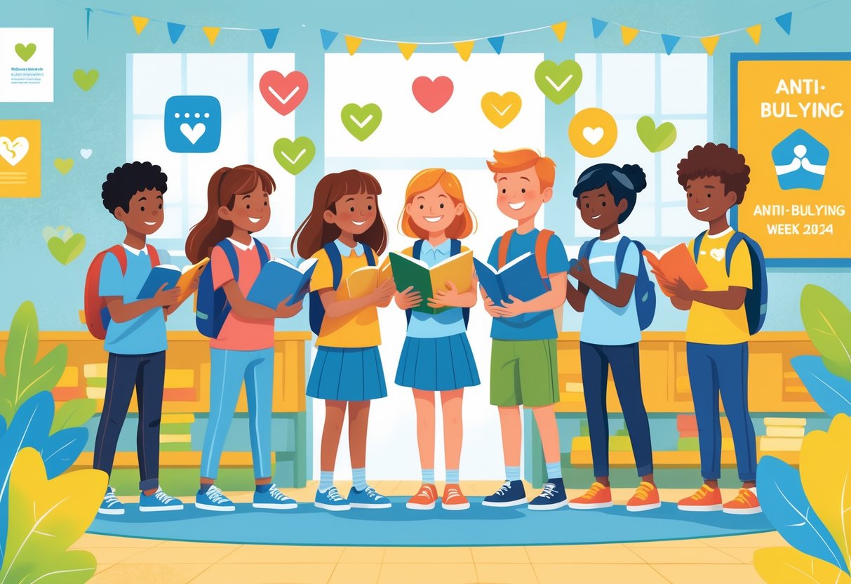 Anti-Bullying Week Resources: Comprehensive UK Guide for Schools anti-bullying LearningMole A group of diverse children and teenagers standing together in a school, smiling and supporting each other with symbols of friendship and kindness around them.