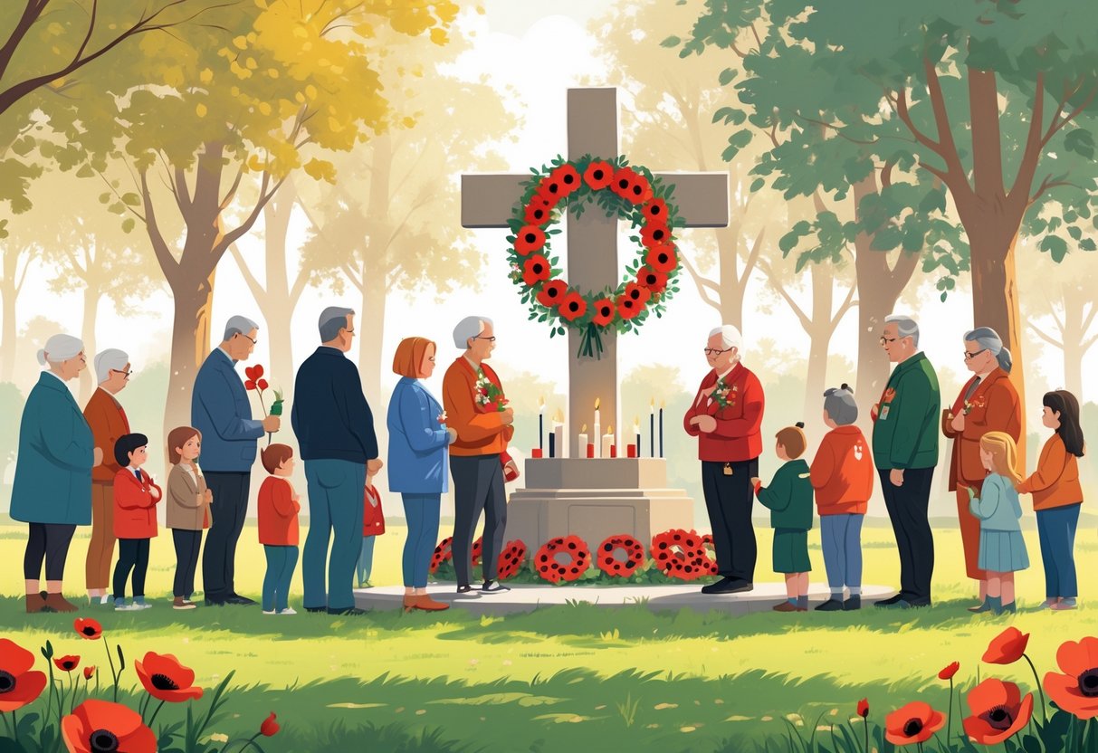 Remembrance Day Resources: The Ultimate Guide for Schools & Families remembrance day LearningMole A diverse group of people of all ages gathered outdoors around a memorial with poppy wreaths and candles, remembering Remembrance Day.
