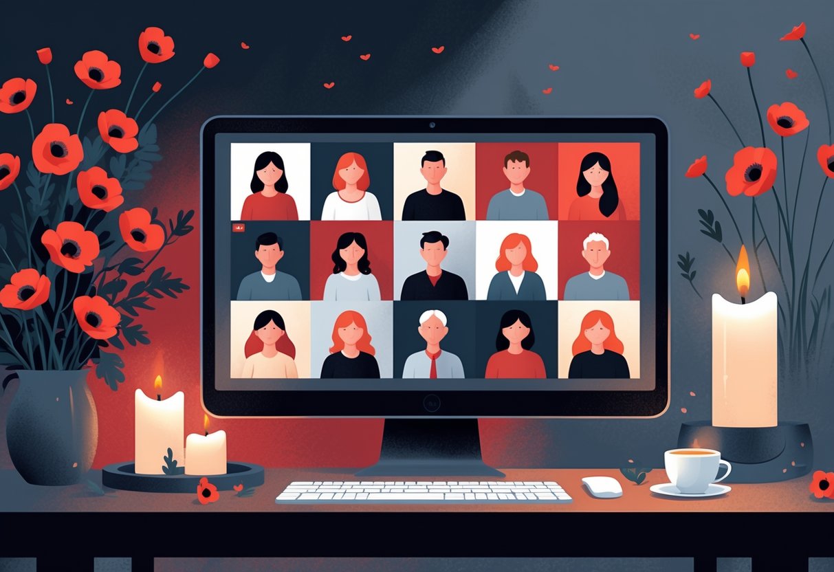 Remembrance Day Resources: The Ultimate Guide for Schools & Families remembrance day LearningMole A group of people participating in an online Remembrance Day ceremony on a computer screen with red poppies and candles around the screen.