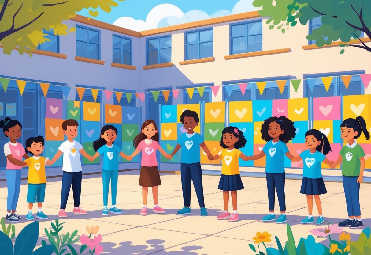 Anti-Bullying Week Resources: Comprehensive UK Guide for Schools anti-bullying LearningMole A diverse group of children, teachers, and parents gathered in a school courtyard, participating in activities promoting unity and kindness.