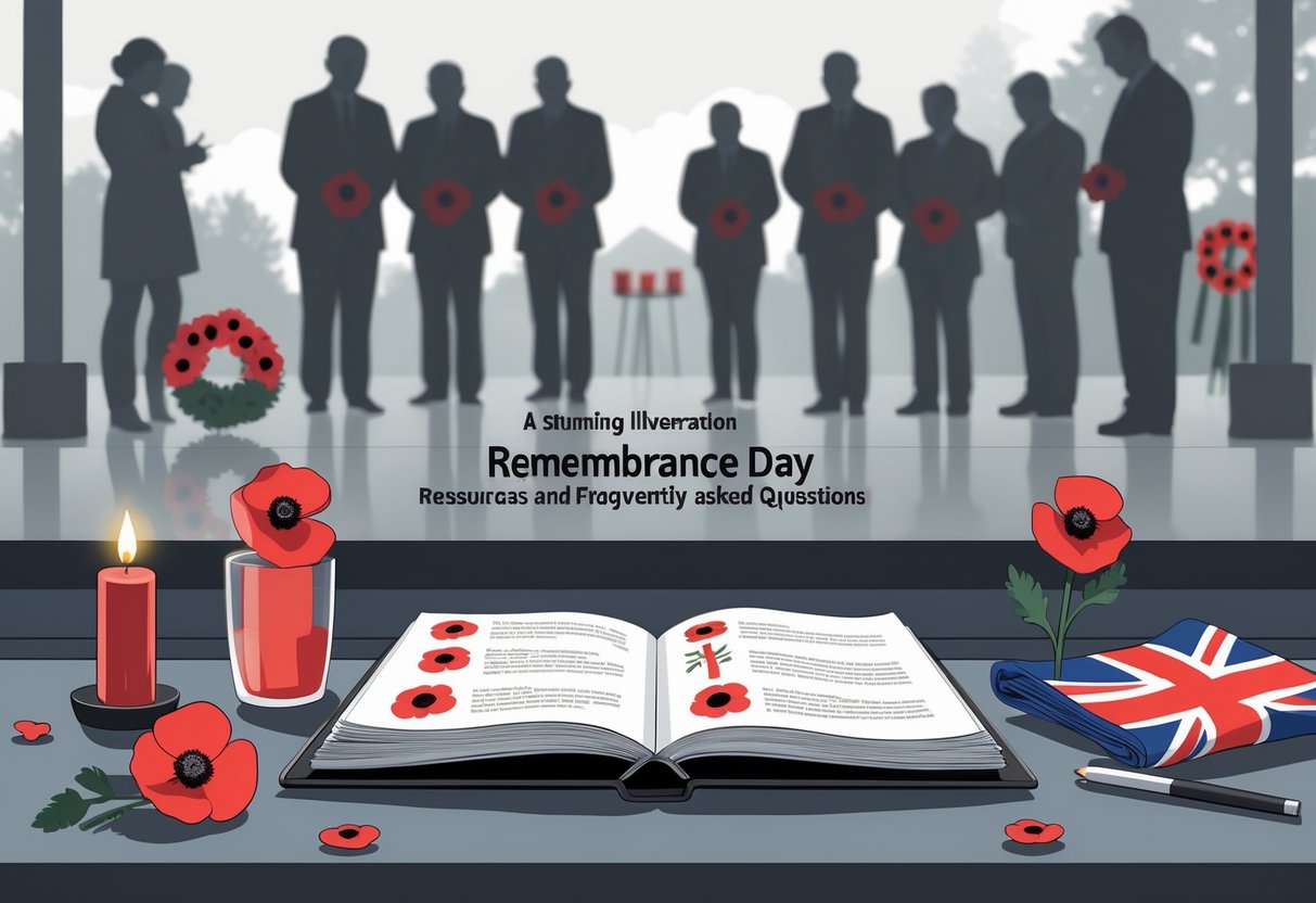Remembrance Day Resources: The Ultimate Guide for Schools & Families remembrance day LearningMole A desk with a poppy flower, a lit candle, a folded flag, and an open book surrounded by people paying respects at a memorial in the background.