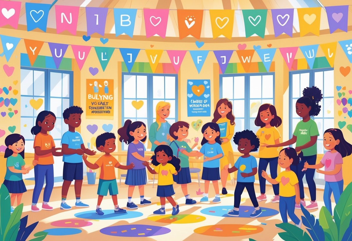 Anti-Bullying Week Resources: Comprehensive UK Guide for Schools anti-bullying LearningMole A group of diverse children and adults participating in inclusive anti-bullying activities together in a bright community space.