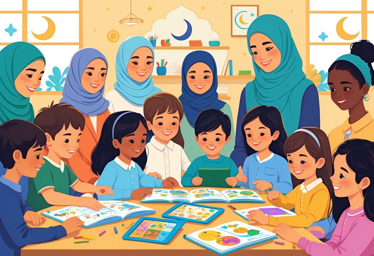 Eid Teaching Resources: Inspiring Ideas and Practical Tools for Educators eid teaching LearningMole A group of children and adults learning together with educational materials about Eid in a classroom decorated with crescent moons and stars.