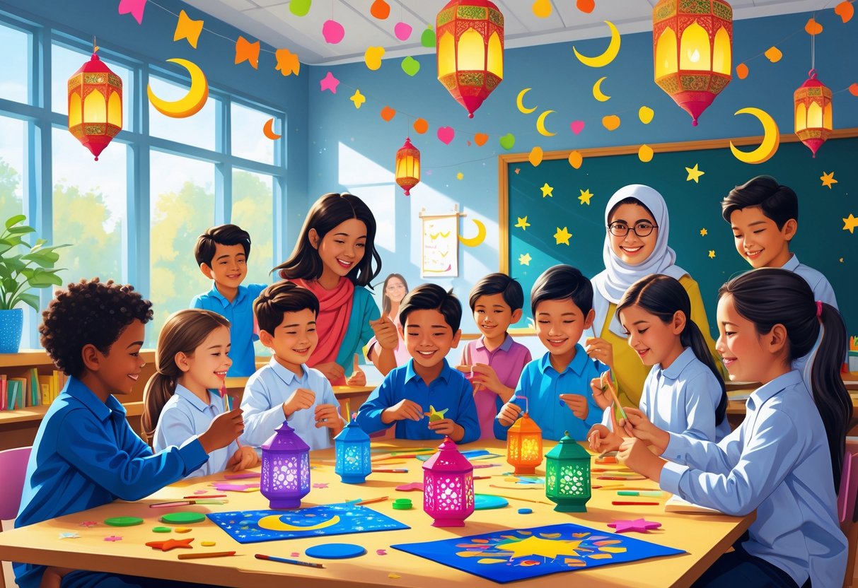 Eid Teaching Resources: Inspiring Ideas and Practical Tools for Educators eid teaching LearningMole Children in a classroom making colourful Eid crafts with a teacher guiding them, surrounded by festive decorations.